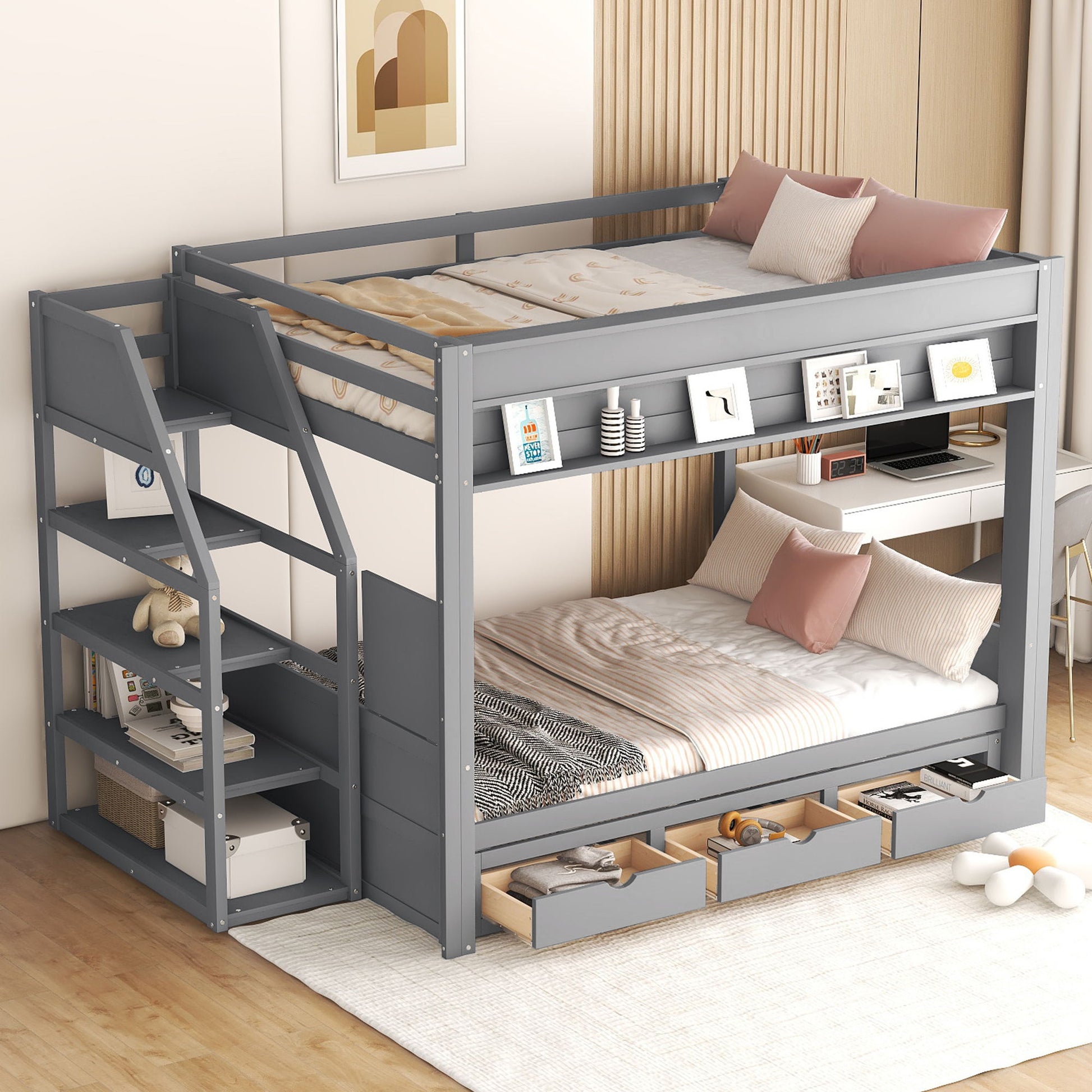 Wood Full Size Convertible Bunk Bed With Storage Staircase, Bedside Table, And 3 Drawers - Gray - The Sleep Loft - Online Mattress Showroom NYC