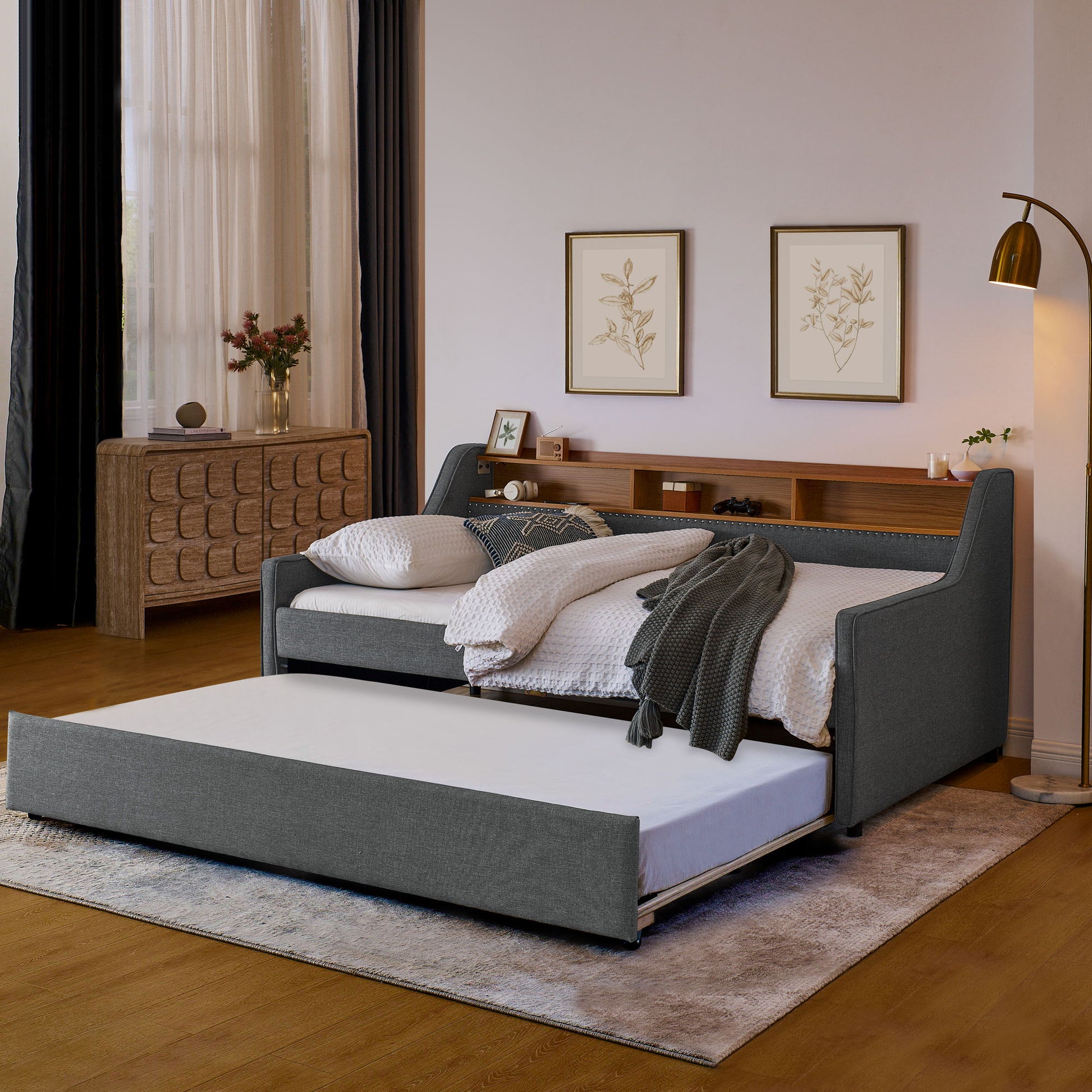 Upholstered Sofa Bed With LED Lights, Storage Headboard, Foldable Trundle & Wireless Charging - The Sleep Loft - Online Mattress Showroom NYC
