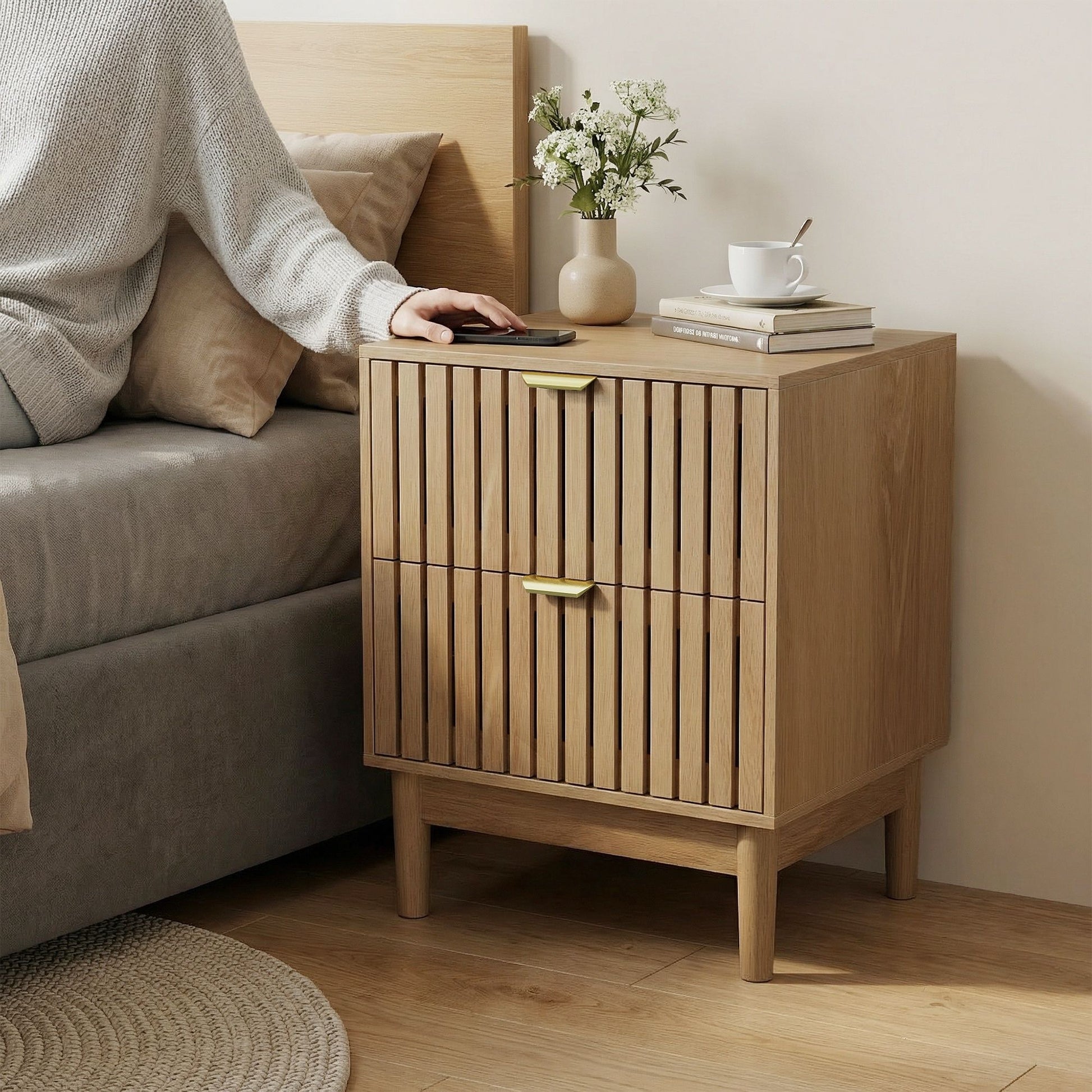 Bedside Table With Grille Design And 2 Drawers, Side Table For Bedroom - Oak - The Sleep Loft - Online Mattress Showroom NYC