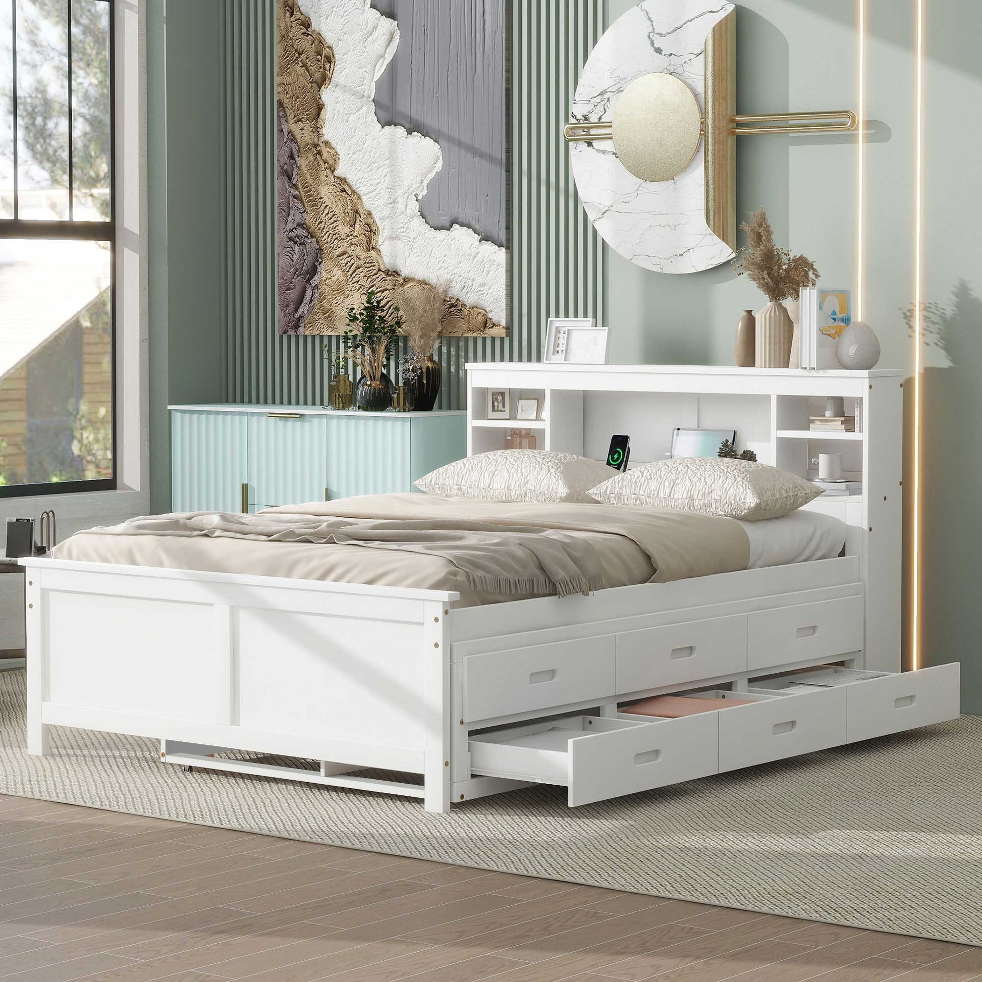 Platform Bed With Storage Headboard, USB, Trundle And 3 Drawers - The Sleep Loft - Online Mattress Showroom NYC