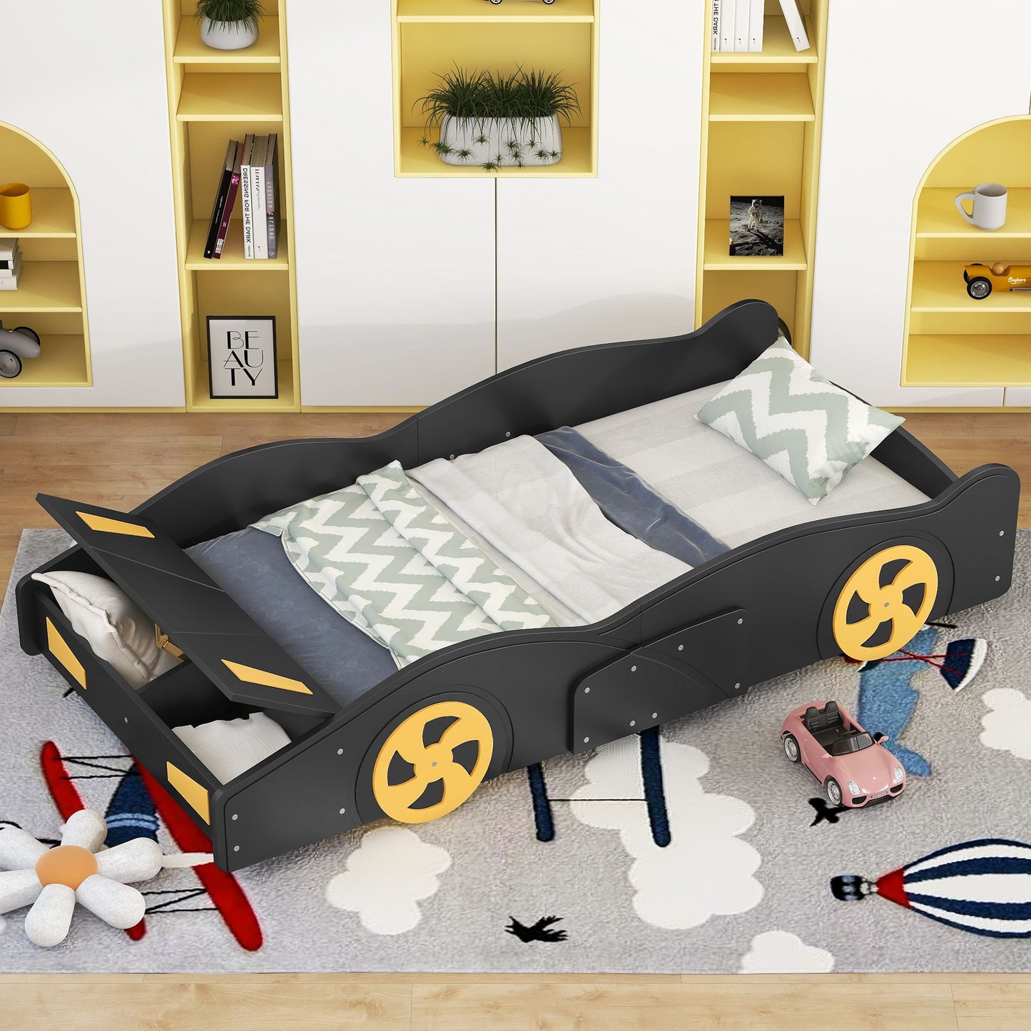 Race Car Shaped Platform Bed With Wheels And Storage - The Sleep Loft - Online Mattress Showroom NYC