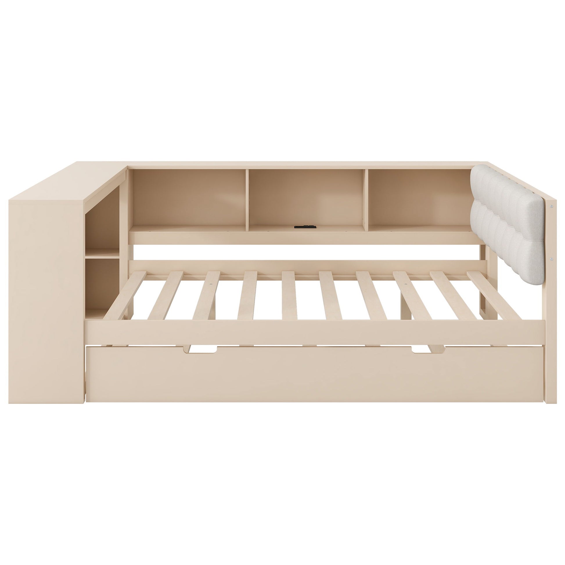 Upholstered Headboard Platform Bed With Storage Shelves, Trundle, Charging Station - The Sleep Loft - Online Mattress Showroom NYC