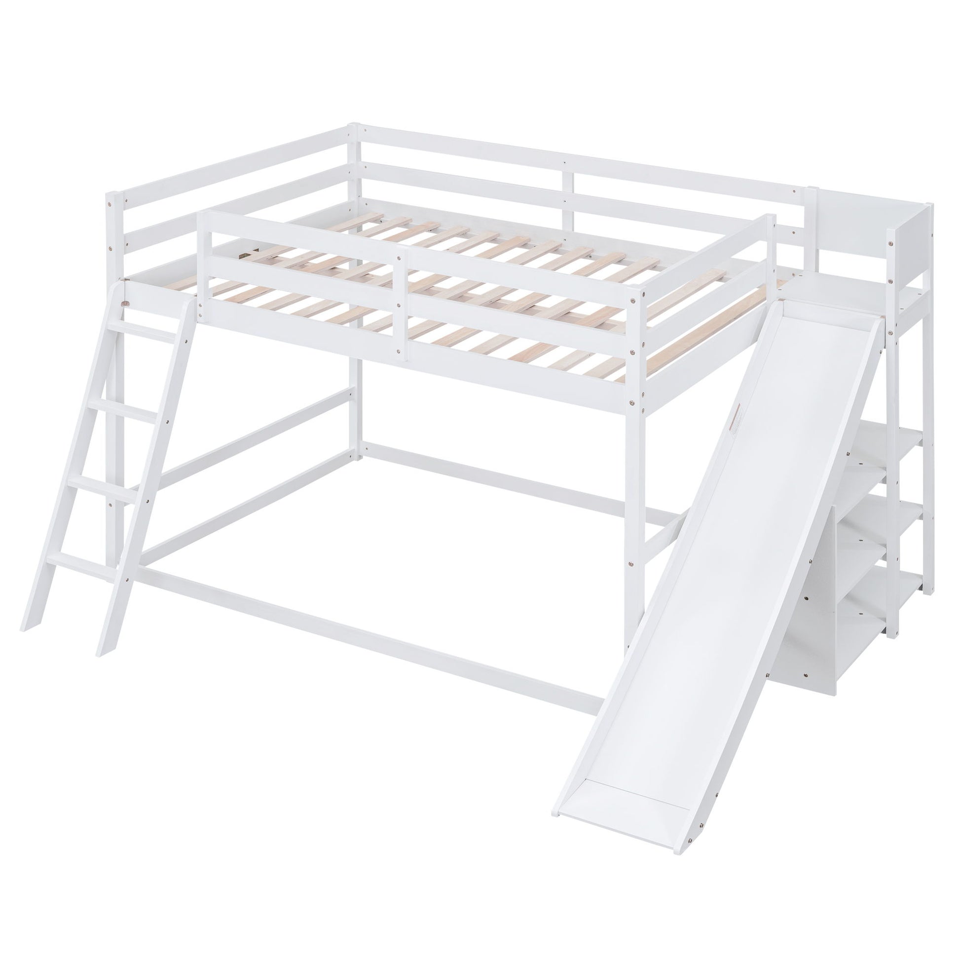 Bunk Bed With Ladder, Slide, And Shelves Pine Wood - The Sleep Loft - Online Mattress Showroom NYC