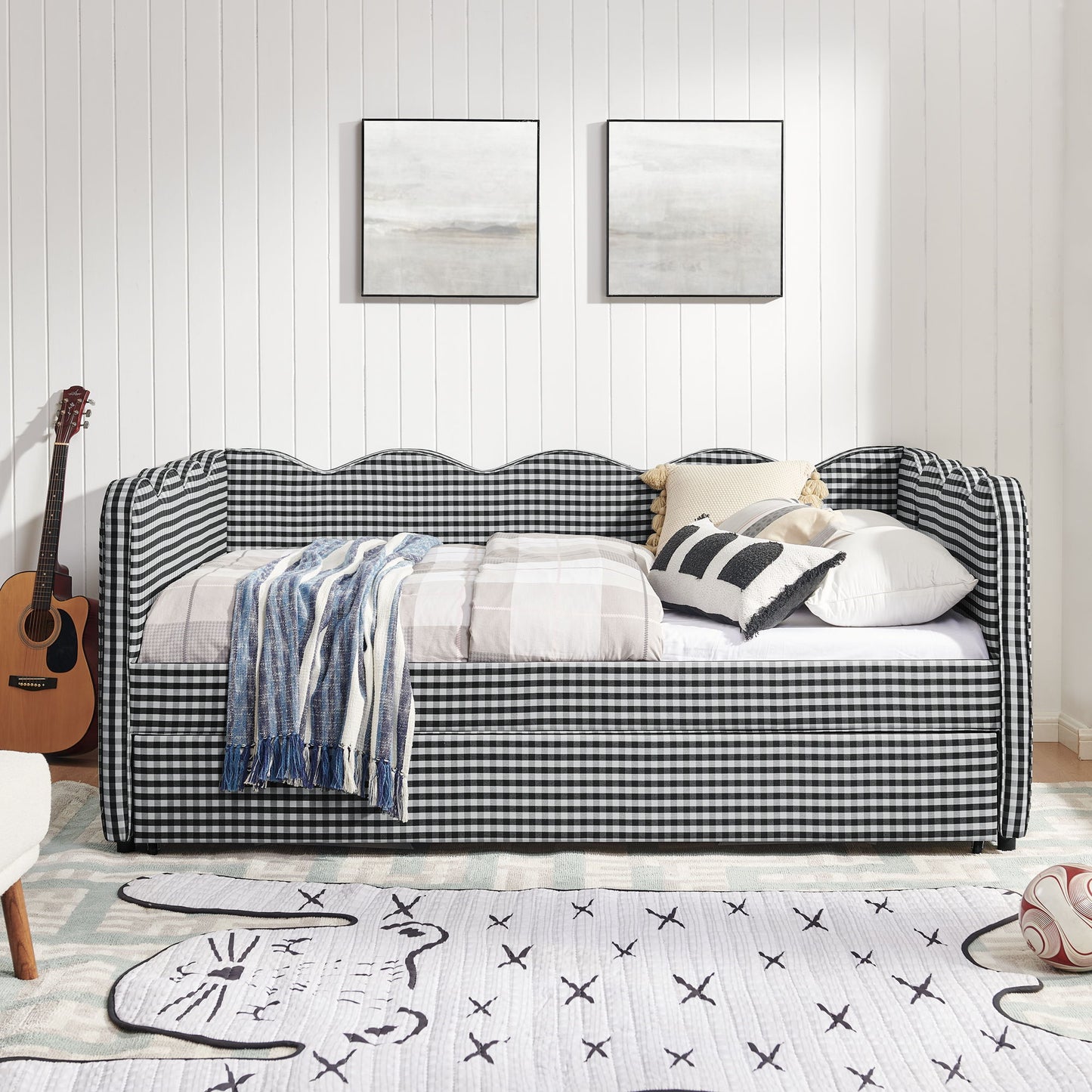 Gingham Daybed With USB Charging Port, Wave-Shaped Design - The Sleep Loft - Online Mattress Showroom NYC