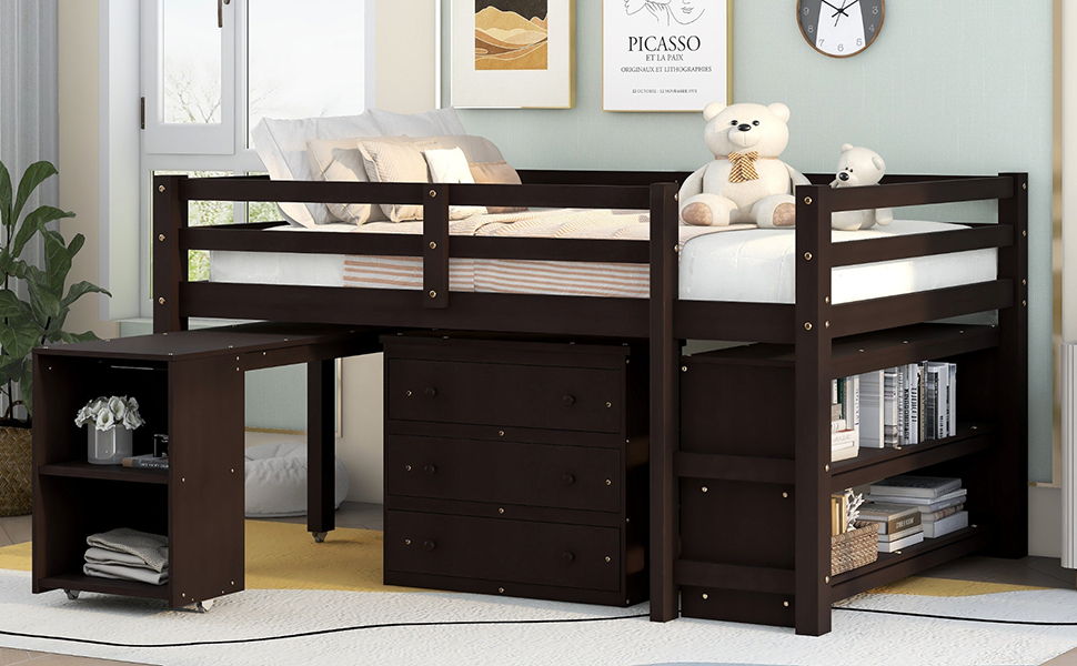 Loft Low Study Bed With Cabinet, Shelves And Rolling Portable Desk, Multiple Functions - The Sleep Loft - Online Mattress Showroom NYC