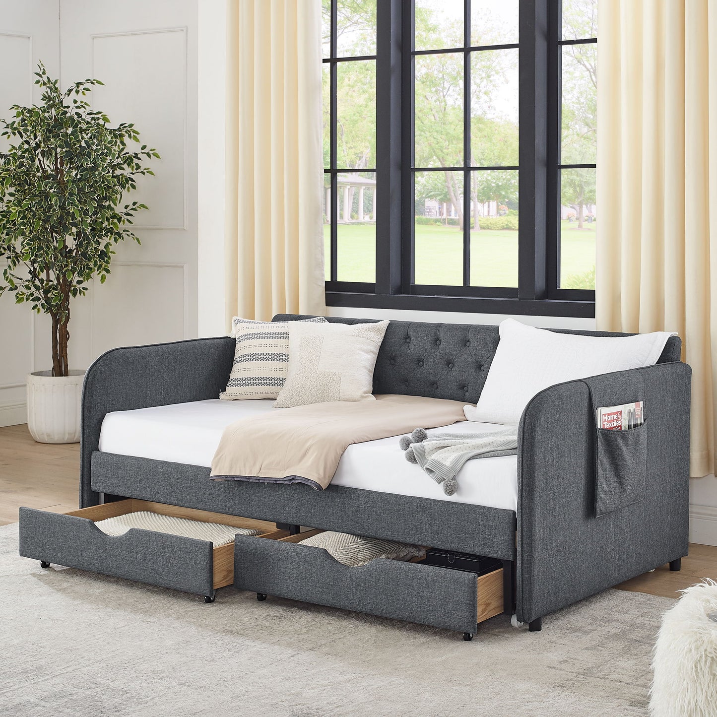 Daybed With Trundle And Storage Drawers, Flat Arms With Pocket - The Sleep Loft - Online Mattress Showroom NYC