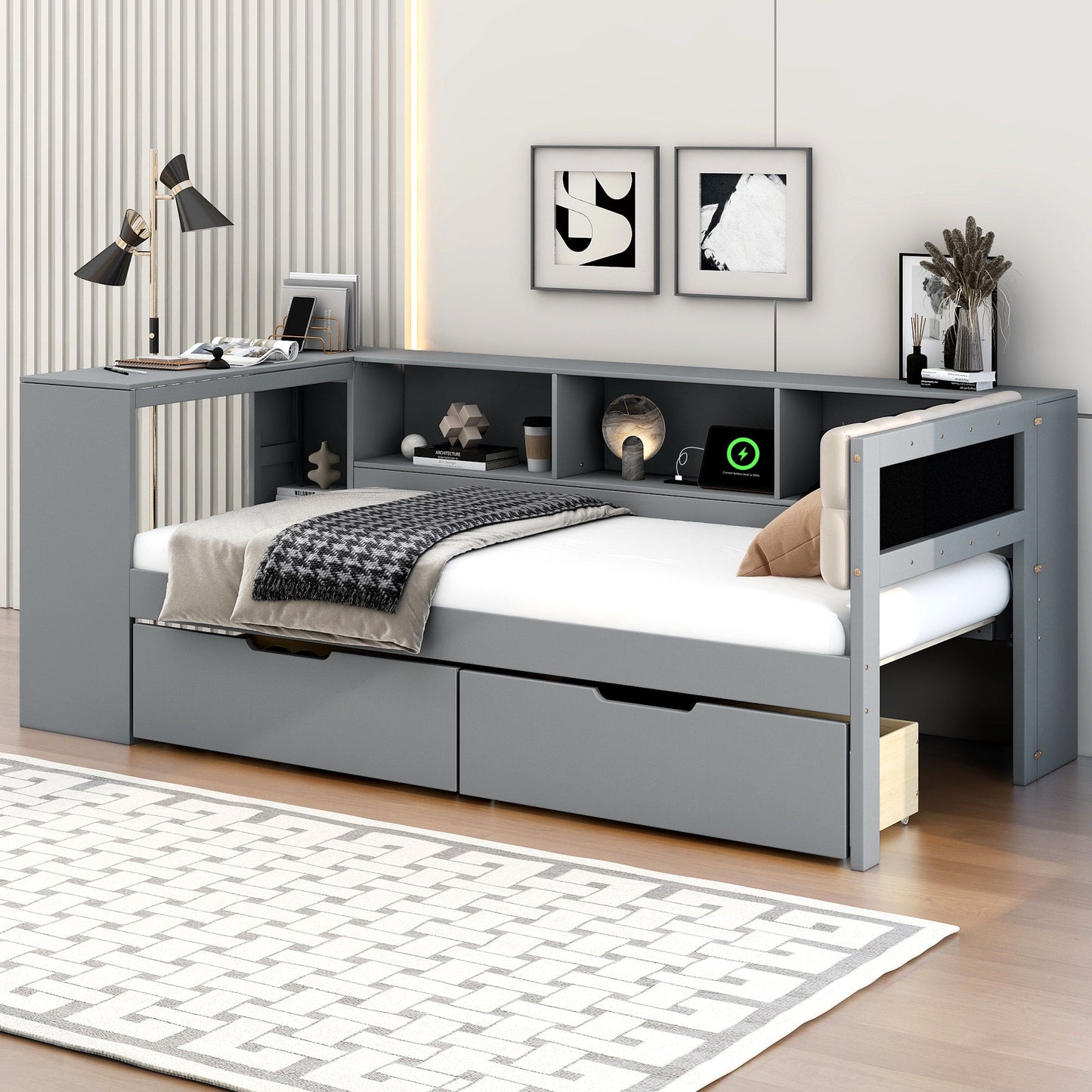 Upholstered Headboard Platform Bed With Storage Shelves, Drawers, Charging Station - The Sleep Loft - Online Mattress Showroom NYC