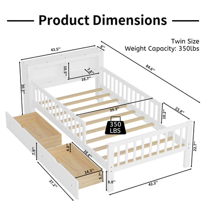 Bed With Headboard Storage Rack, 2 Under Bed Drawers, 3 Side Guardrails For Safety - The Sleep Loft - Online Mattress Showroom NYC