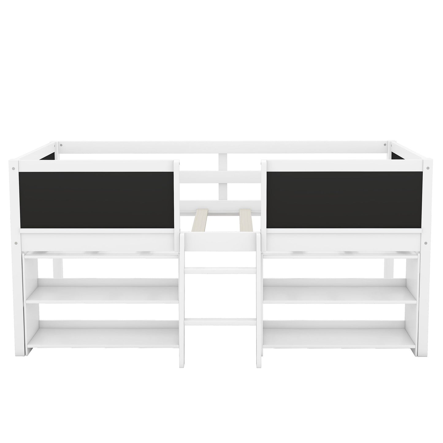 Low Loft Bed With Movable Shelves And Ladder, Decorative Chalkboard Guardrail - The Sleep Loft - Online Mattress Showroom NYC