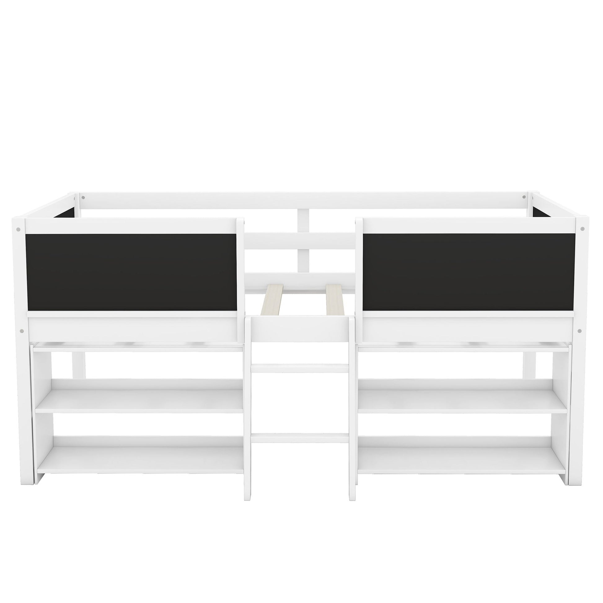 Low Loft Bed With Movable Shelves And Ladder, Decorative Chalkboard Guardrail - The Sleep Loft - Online Mattress Showroom NYC