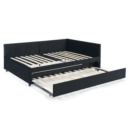 Full Size Upholstered Daybed With Trundle, Tufted Backrest And Armrests - Black - The Sleep Loft - Online Mattress Showroom NYC