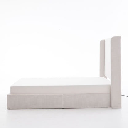 Caron - Queen Size Upholstered Wingback Bed With Adjustable Base Bundle Set - Ivory - The Sleep Loft - Online Mattress Showroom NYC