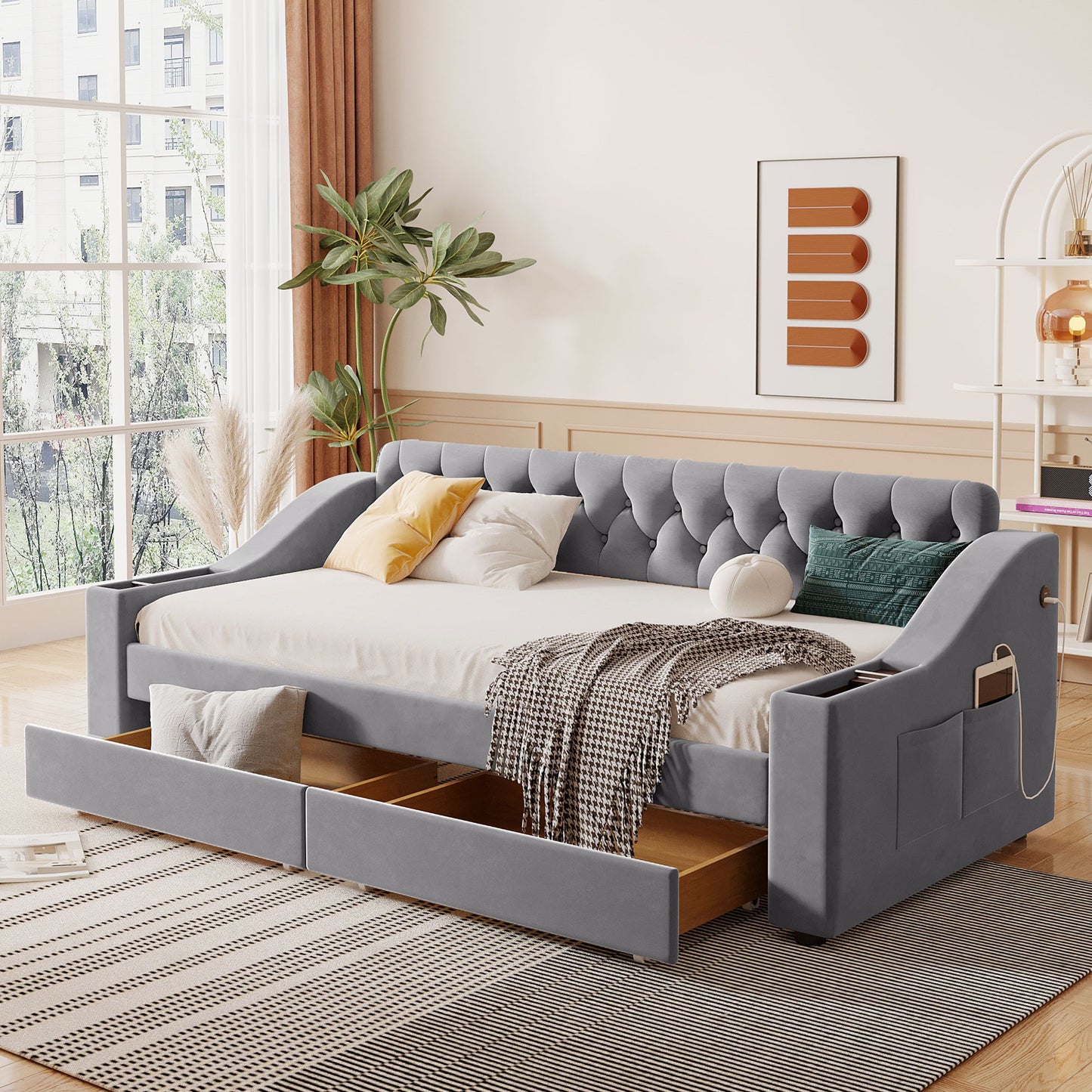 Upholstered Daybed With Storage Armrests And USB Port - The Sleep Loft - Online Mattress Showroom NYC