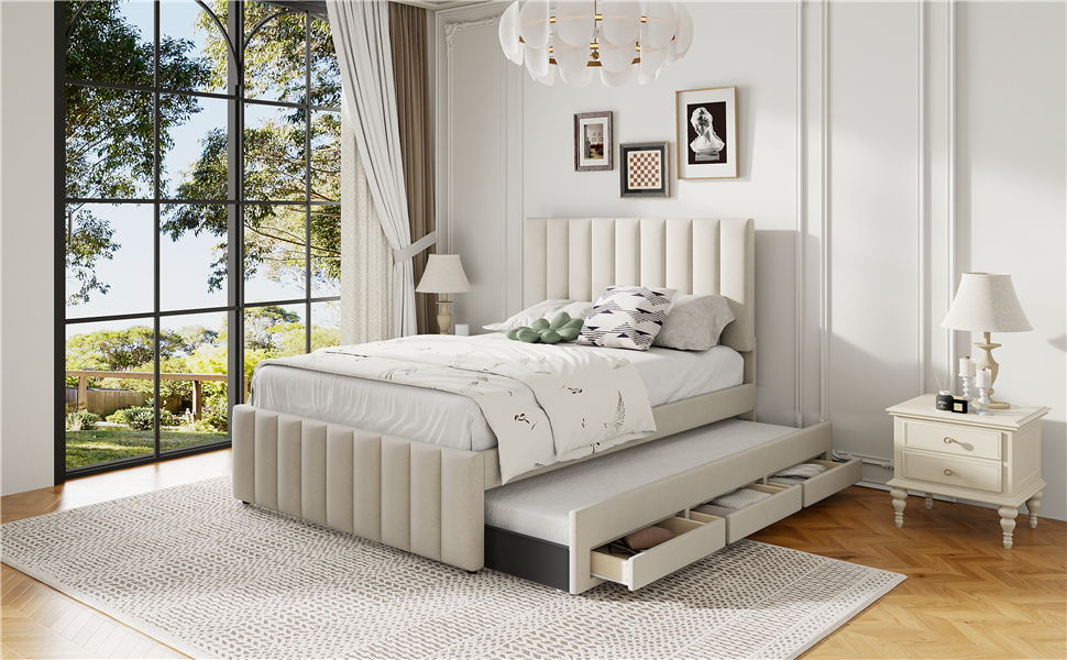 Upholstered Platform Bed With Twin Size Trundle And 3 Drawers - The Sleep Loft - Online Mattress Showroom NYC