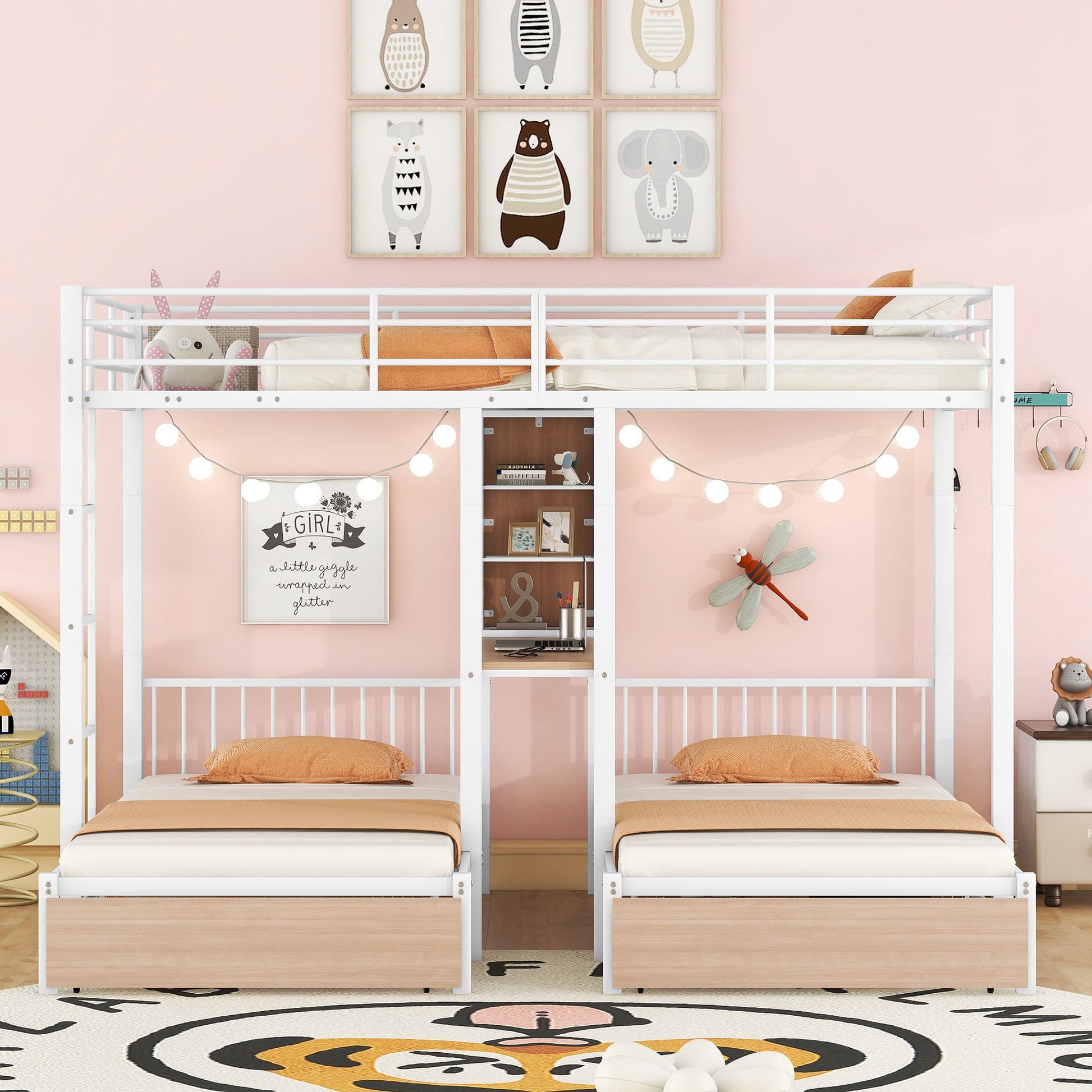 Triple Bunk Bed With Drawers, Multi-Functional Frame With Desks And Shelves In The Middle - The Sleep Loft - Online Mattress Showroom NYC