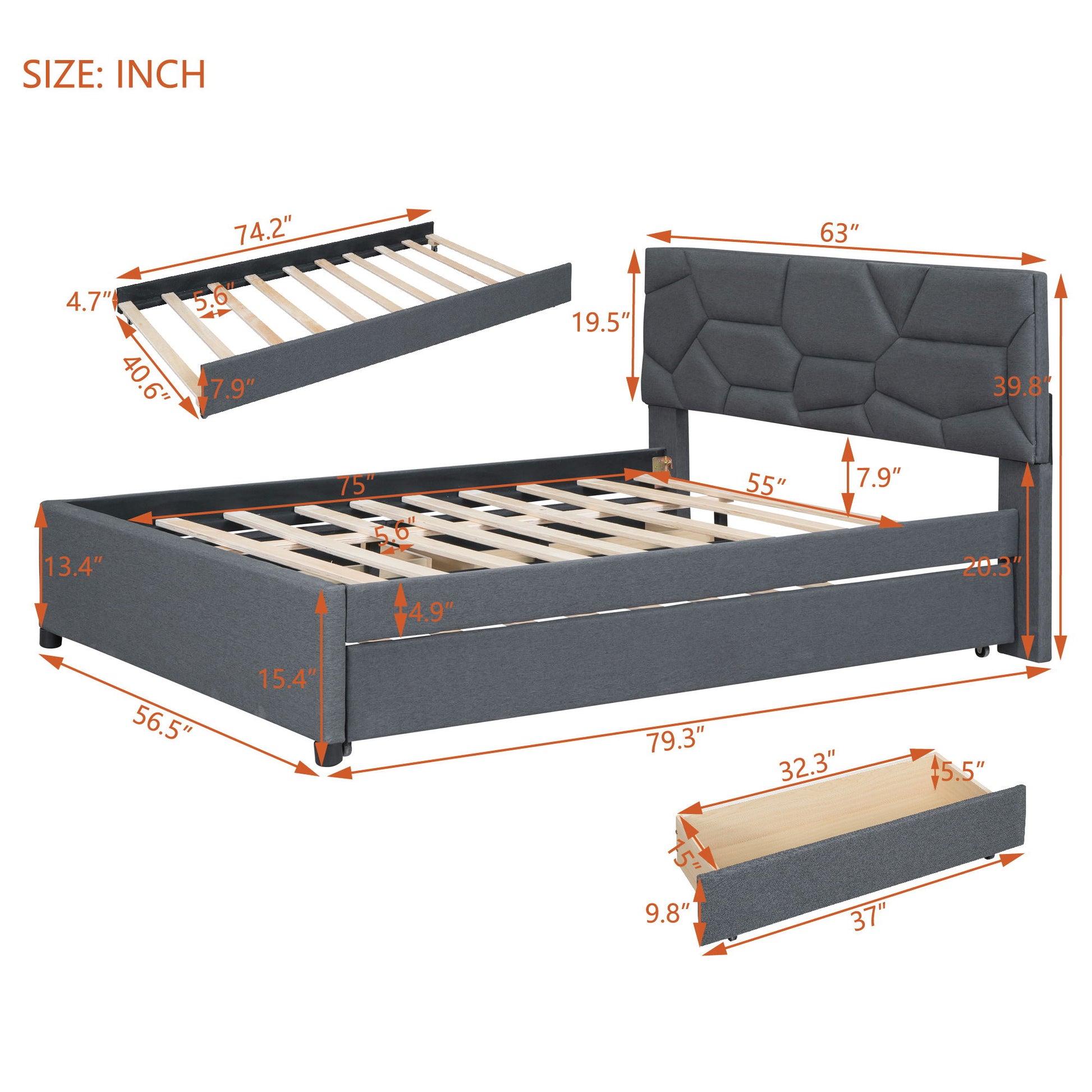 Upholstered Platform Bed With Brick Pattern Headboard And Twin Long Size Trundle - The Sleep Loft - Online Mattress Showroom NYC