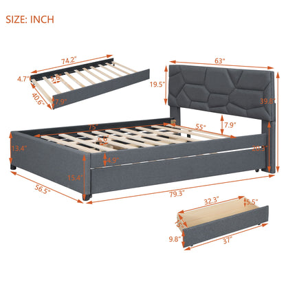 Upholstered Platform Bed With Brick Pattern Headboard And Twin Long Size Trundle - The Sleep Loft - Online Mattress Showroom NYC