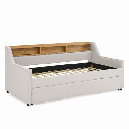 Upholstered Sofa Bed With LED Lights, Storage Headboard, Foldable Trundle & Wireless Charging - The Sleep Loft - Online Mattress Showroom NYC