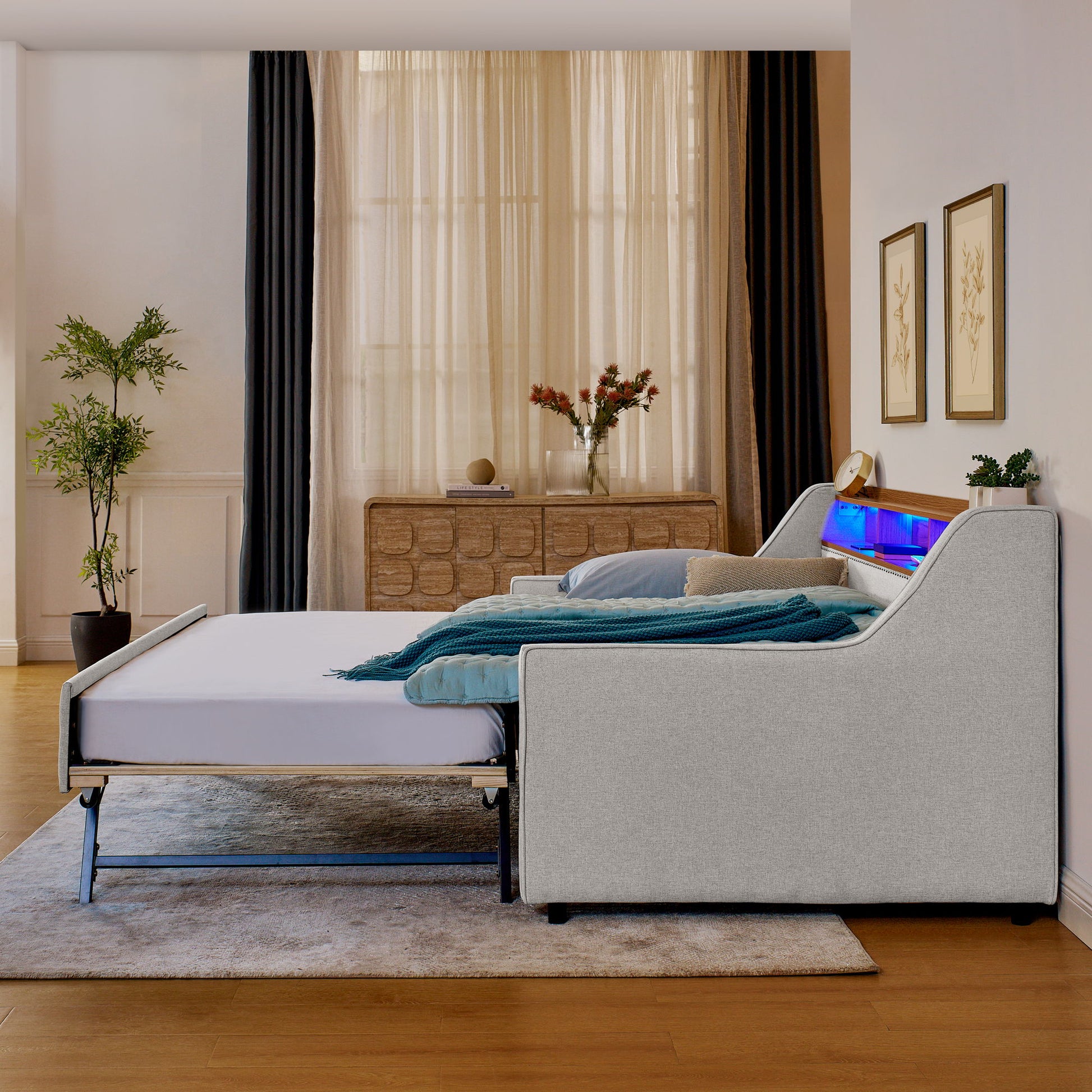Upholstered Sofa Bed With LED Lights, Storage Headboard, Foldable Trundle & Wireless Charging - The Sleep Loft - Online Mattress Showroom NYC