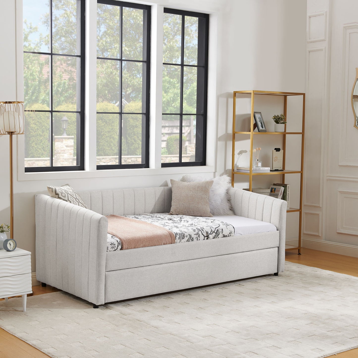 Upholstered Daybed With Trundle With Vertical Stripes - The Sleep Loft - Online Mattress Showroom NYC