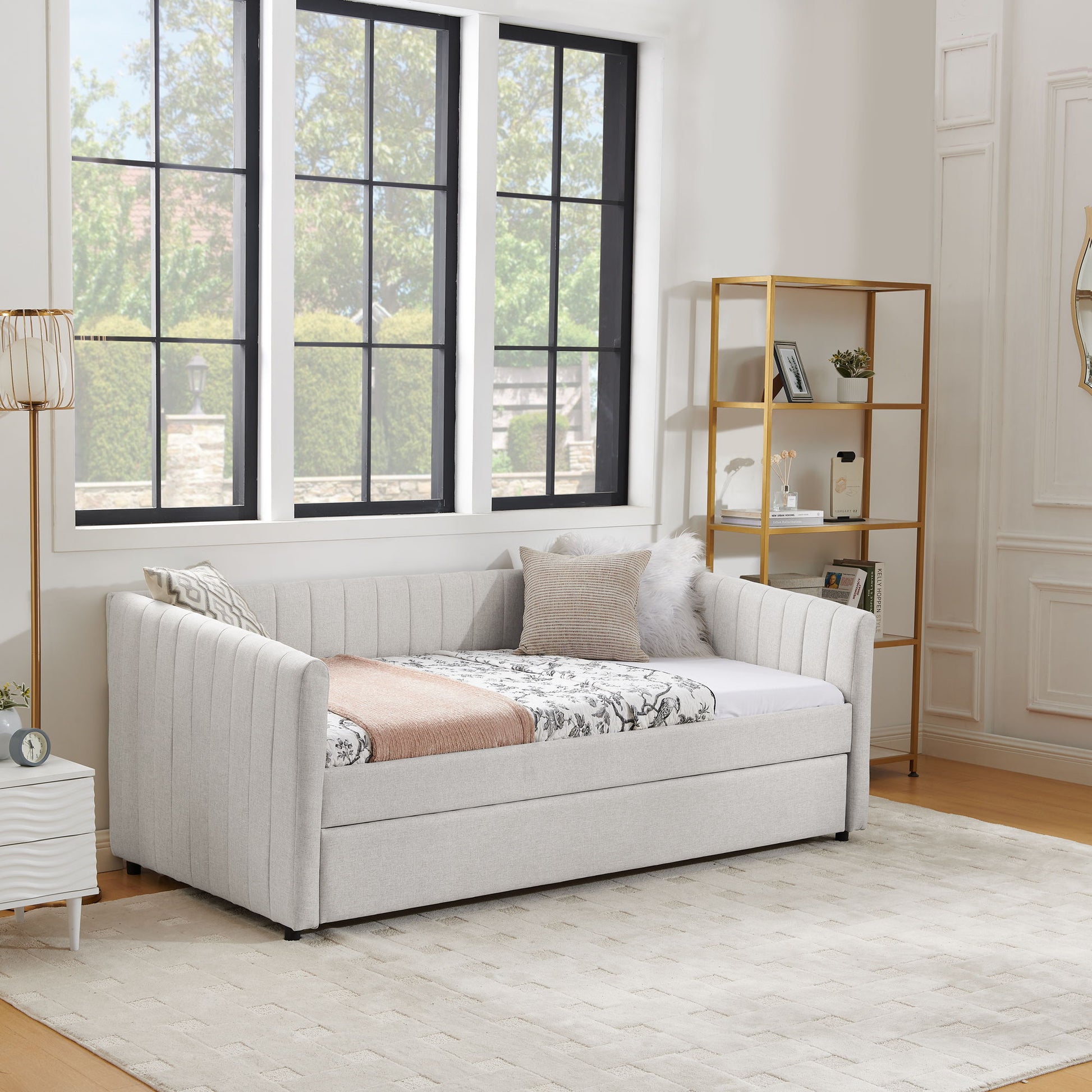 Upholstered Daybed With Trundle With Vertical Stripes - The Sleep Loft - Online Mattress Showroom NYC