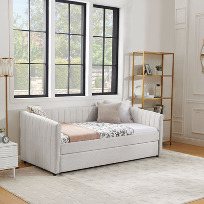 Upholstered Daybed With Trundle With Vertical Stripes - The Sleep Loft - Online Mattress Showroom NYC