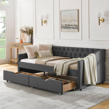 Upholstered Tufted Daybed With 2 Drawers, Waved Arms - The Sleep Loft - Online Mattress Showroom NYC