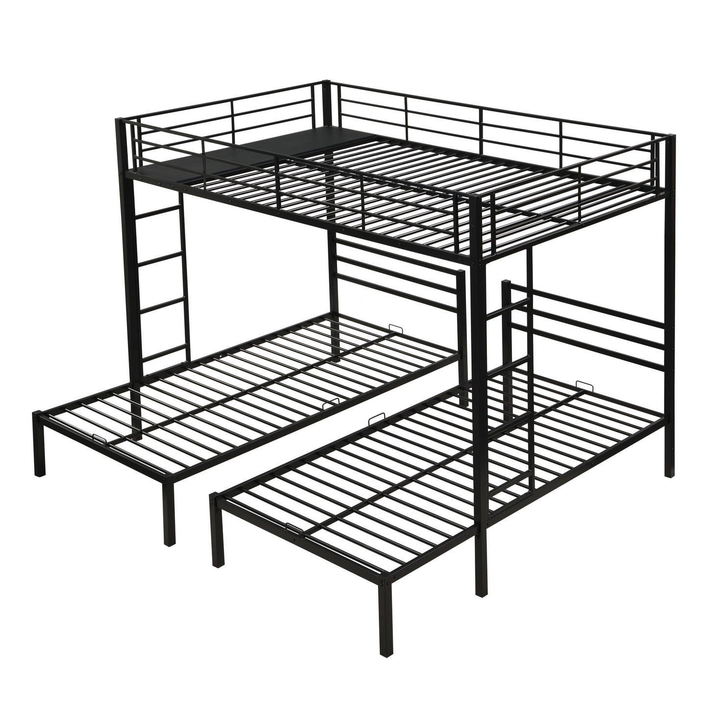 Modern Metal Triple Bunk Bed With Vertical Ladder, Safety Rail, And Storage Shelf - Black - The Sleep Loft - Online Mattress Showroom NYC