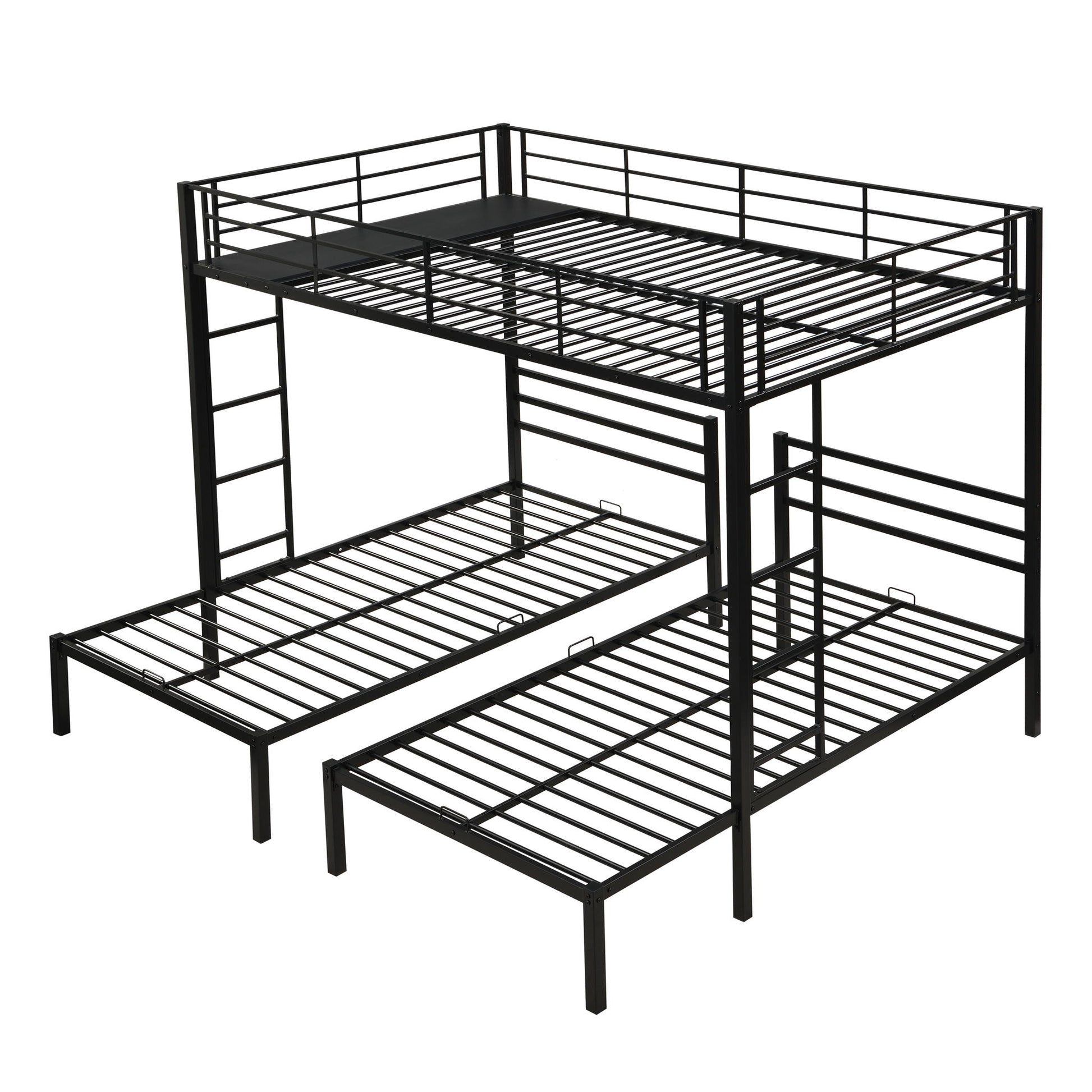 Modern Metal Triple Bunk Bed With Vertical Ladder, Safety Rail, And Storage Shelf - Black - The Sleep Loft - Online Mattress Showroom NYC