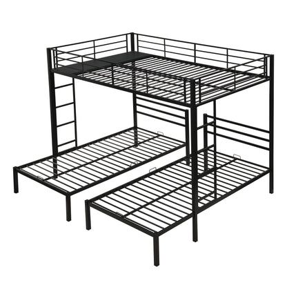 Modern Metal Triple Bunk Bed With Vertical Ladder, Safety Rail, And Storage Shelf - Black - The Sleep Loft - Online Mattress Showroom NYC