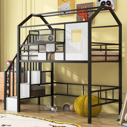 Metal Loft Bed With Roof Design And Storage Box With Guardrails And Integrated Ladder - The Sleep Loft - Online Mattress Showroom NYC