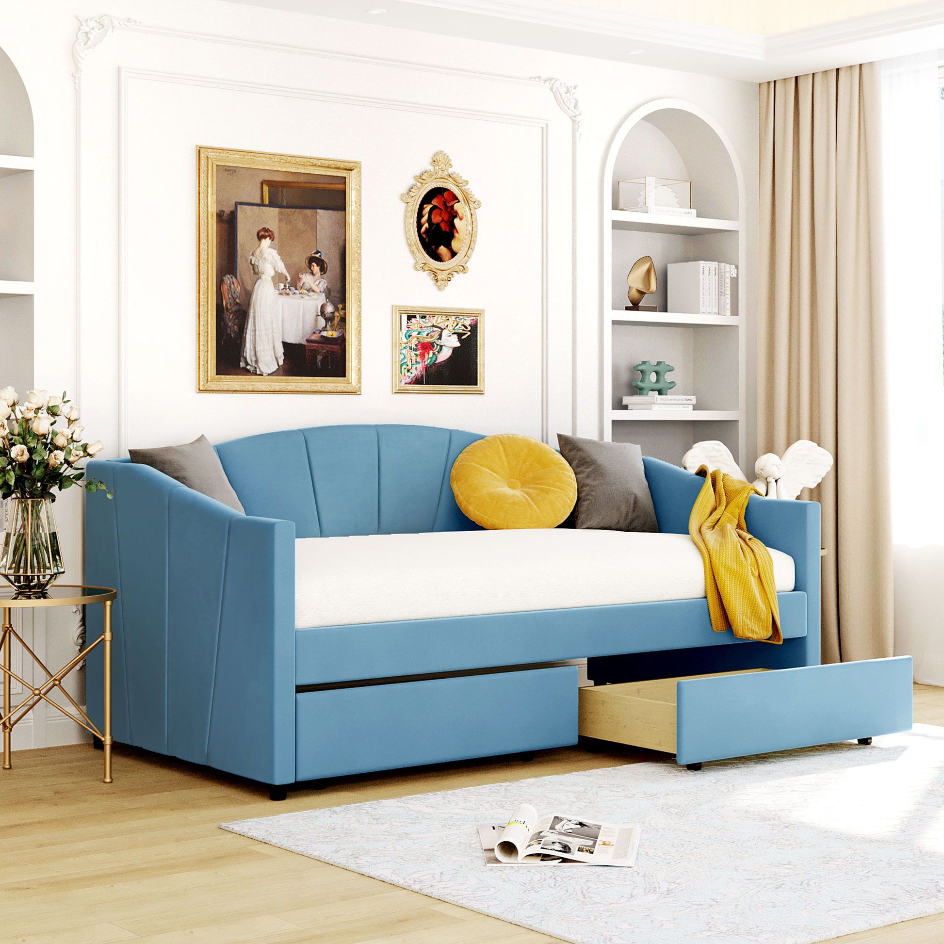 Upholstered Daybed With Two Drawers And Wood Slat - The Sleep Loft - Online Mattress Showroom NYC