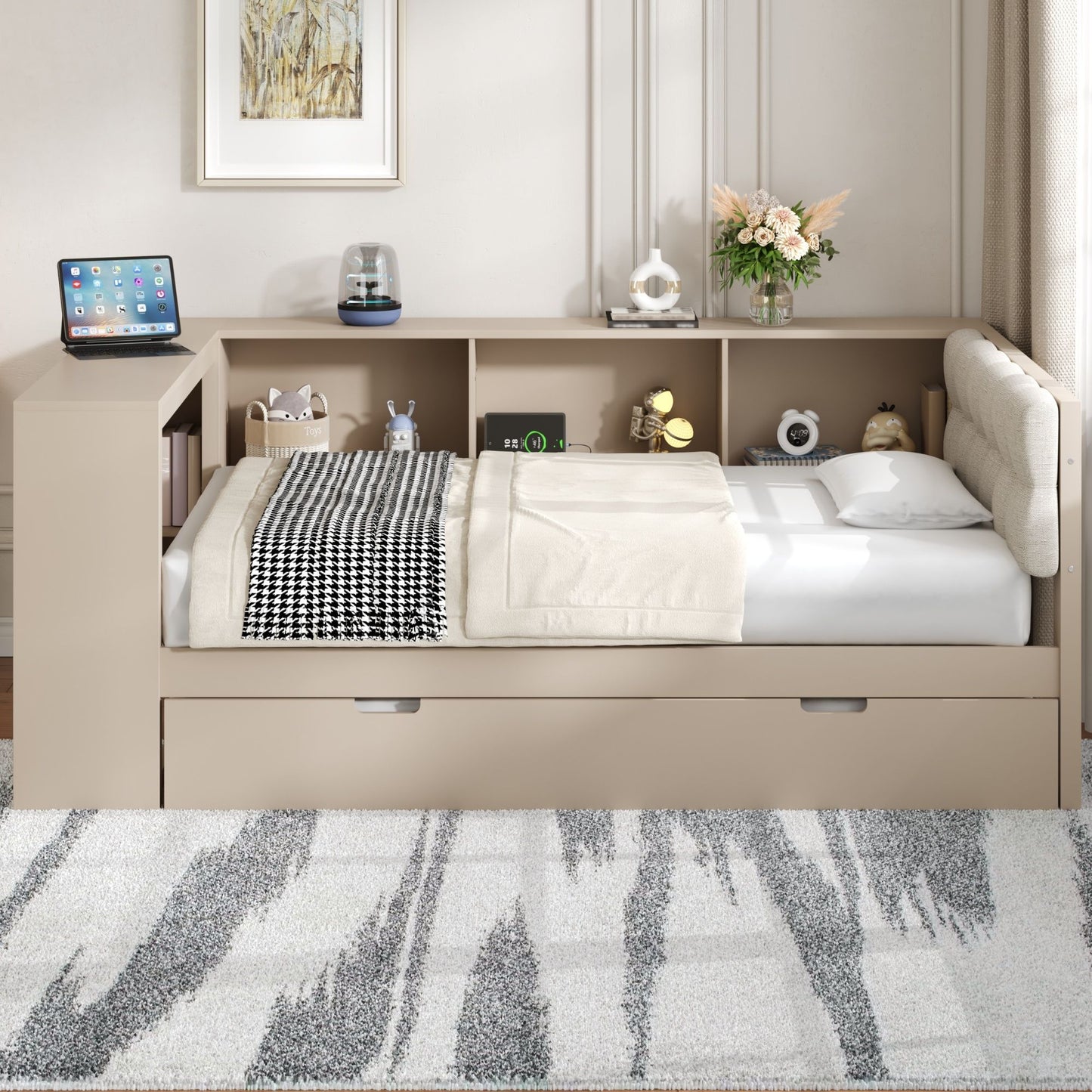 Upholstered Headboard Platform Bed With Storage Shelves, Trundle, Charging Station - The Sleep Loft - Online Mattress Showroom NYC