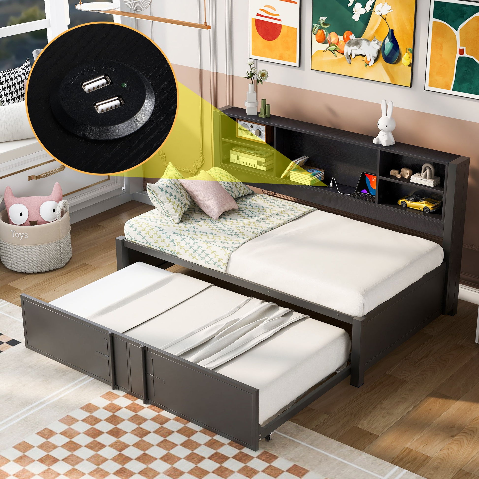 Industrial Metal Daybed With Trundle, Storage Shelves, USB Ports - The Sleep Loft - Online Mattress Showroom NYC