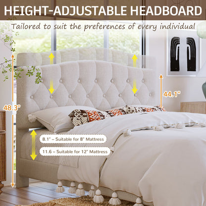 King Upholstered Platform Bed With Curved Adjustable Headboard And Diamond Tufted Details, No Box Spring Needed - Beige