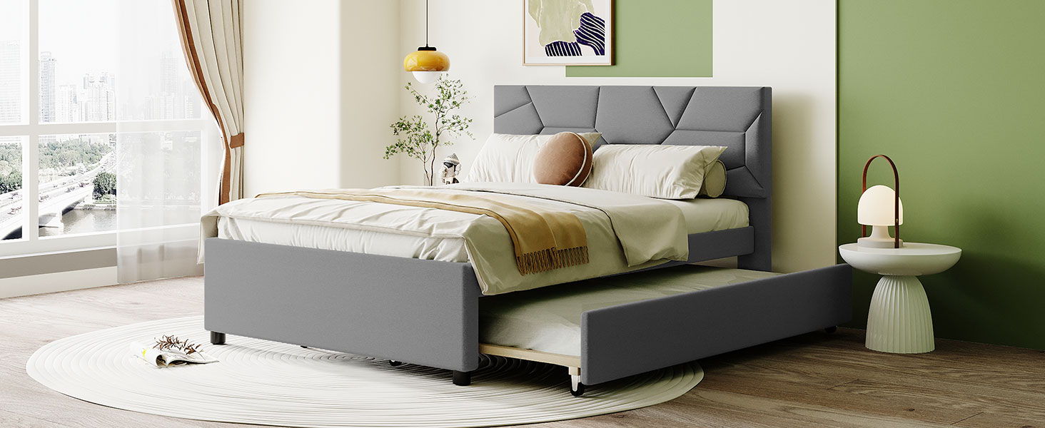 Upholstered Platform Bed With Brick Pattern Headboard And Twin Long Size Trundle - The Sleep Loft - Online Mattress Showroom NYC