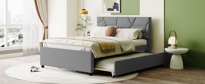 Upholstered Platform Bed With Brick Pattern Headboard And Twin Long Size Trundle - The Sleep Loft - Online Mattress Showroom NYC