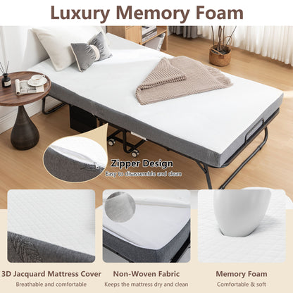Foldable Metal Frame Bed For Guest With Memory Foam Mattress On Wheels, Saving Space Rollaway Bed - The Sleep Loft - Online Mattress Showroom NYC