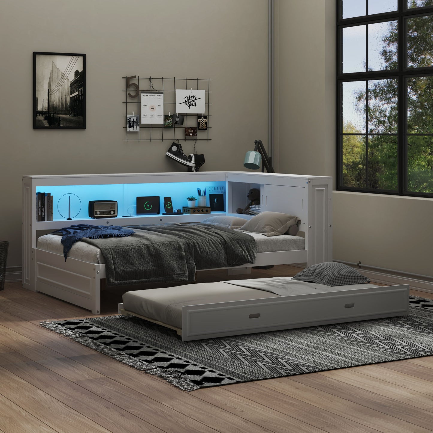 Daybed With Storage Shelves, LED, USB, And Trundle - The Sleep Loft - Online Mattress Showroom NYC