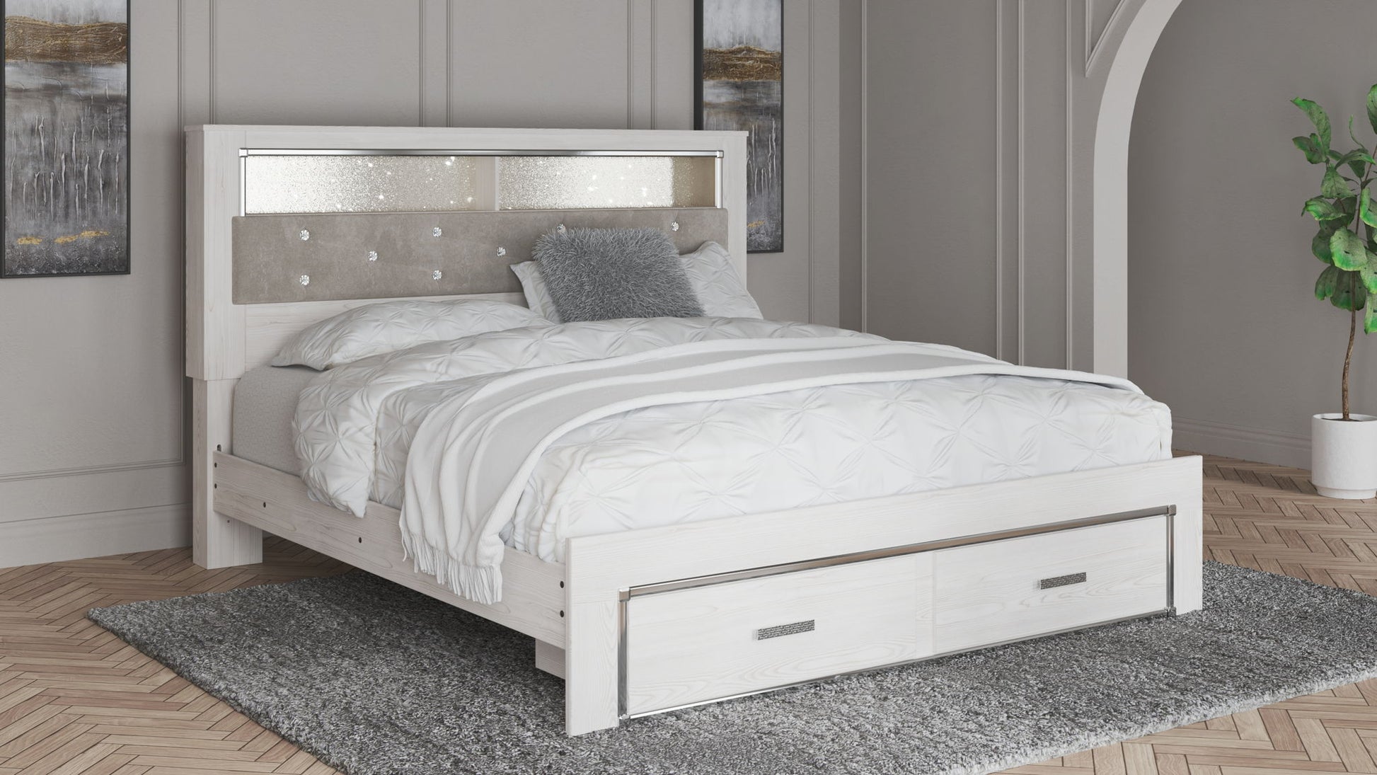 Altyra - King Upholstered Bookcase Bed With Storage - White - The Sleep Loft - Online Mattress Showroom NYC