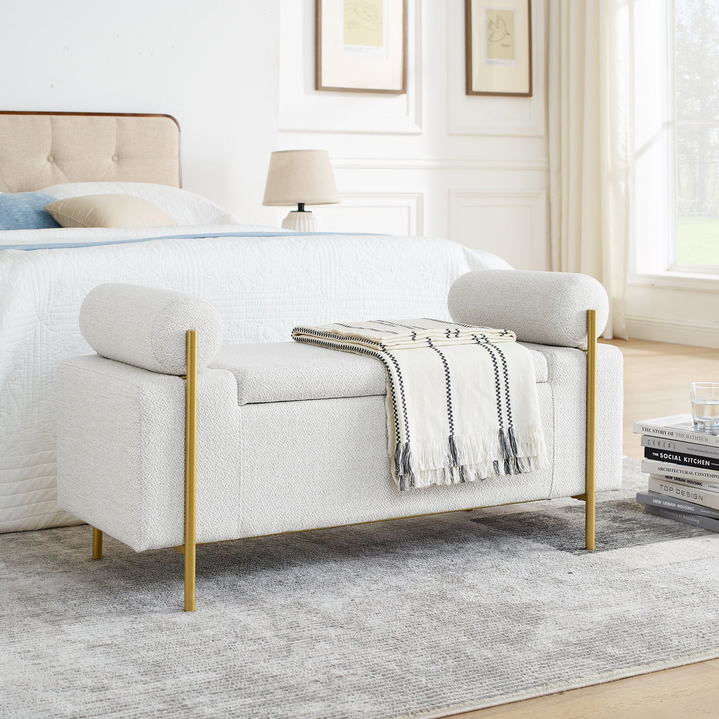 Elegant Upholstered Storage Bench With Cylindrical Arms And Iron Legs, - The Sleep Loft - Online Mattress Showroom NYC