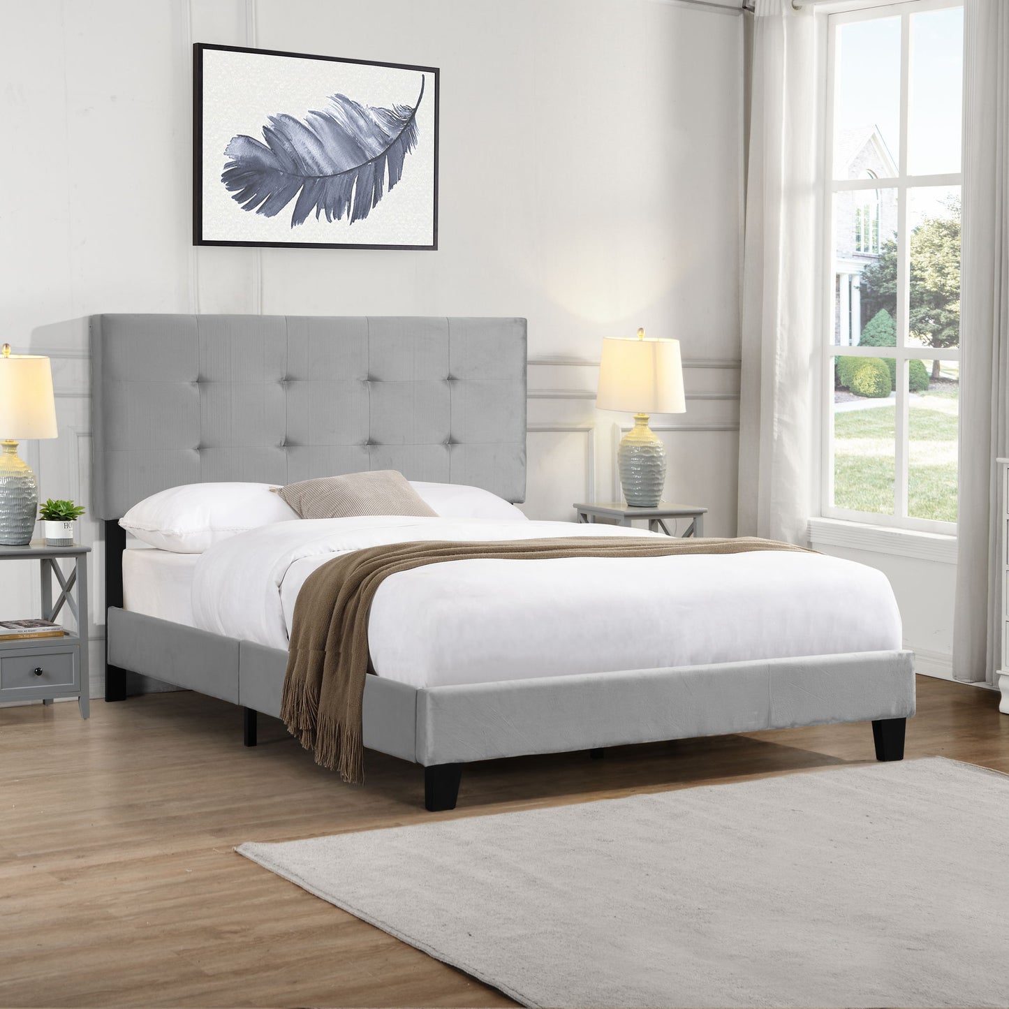 Full Size Upholstered Platform Bed Frame With Pull Point Tufted Headboard, Strong Wood Slat Support, Mattress Foundation, No Box Spring Needed - Gray - The Sleep Loft - Online Mattress Showroom NYC