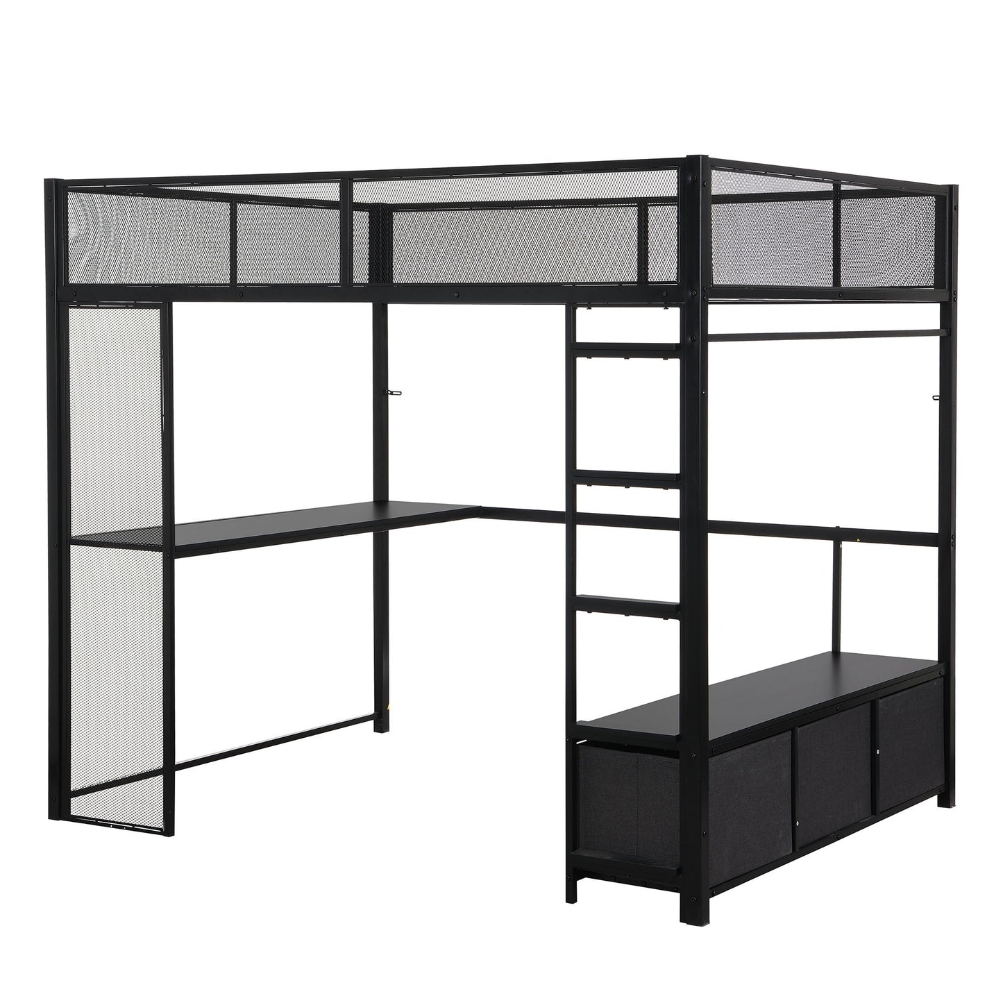 Full Size Gaming Loft Bed With LED Desk, Open Wardrobe, 3 Linen Storage Drawers - Black - The Sleep Loft - Online Mattress Showroom NYC