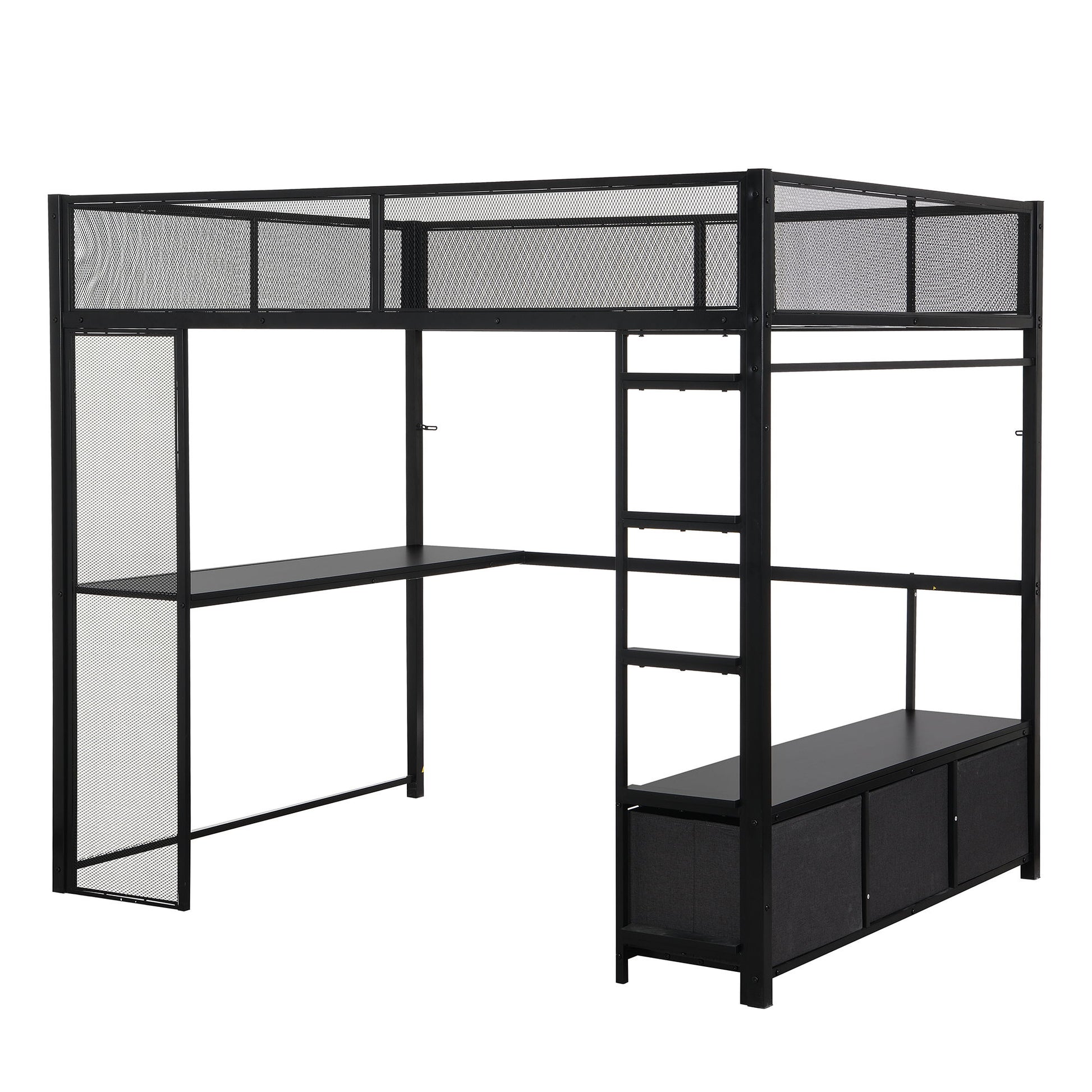 Full Size Gaming Loft Bed With LED Desk, Open Wardrobe, 3 Linen Storage Drawers - Black - The Sleep Loft - Online Mattress Showroom NYC