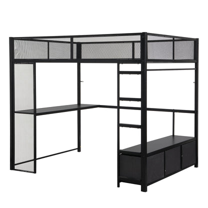 Full Size Gaming Loft Bed With LED Desk, Open Wardrobe, 3 Linen Storage Drawers - Black - The Sleep Loft - Online Mattress Showroom NYC