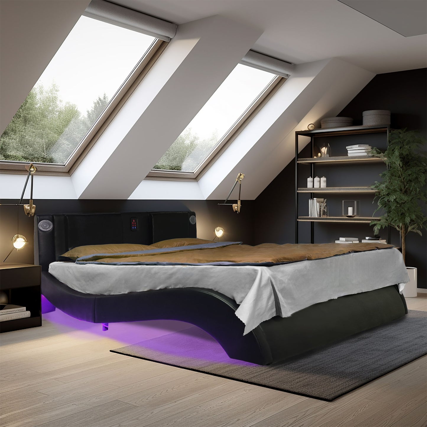 Queen Size Upholstered Platform Bed Frame With LED Lighting, Bluetooth Connection To Play Music Control, Backrest Vibration Massage, Curve Design, Wood Slat Support, Exhibited Speakers - Blac - The Sleep Loft - Online Mattress Showroom NYC