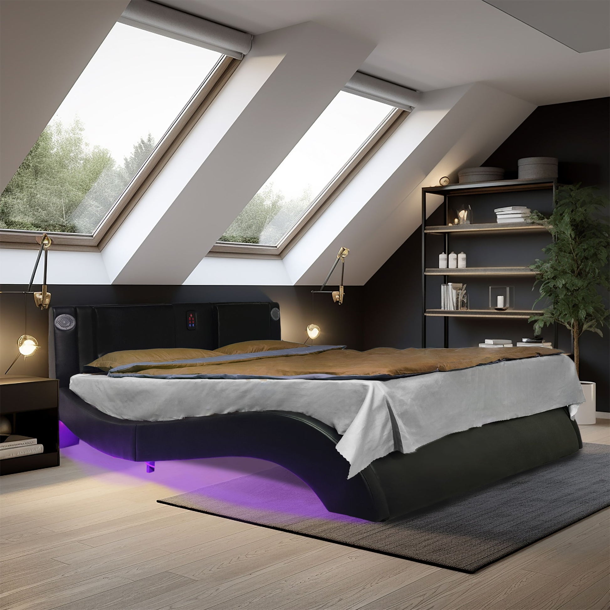 Queen Size Upholstered Platform Bed Frame With LED Lighting, Bluetooth Connection To Play Music Control, Backrest Vibration Massage, Curve Design, Wood Slat Support, Exhibited Speakers - Blac - The Sleep Loft - Online Mattress Showroom NYC
