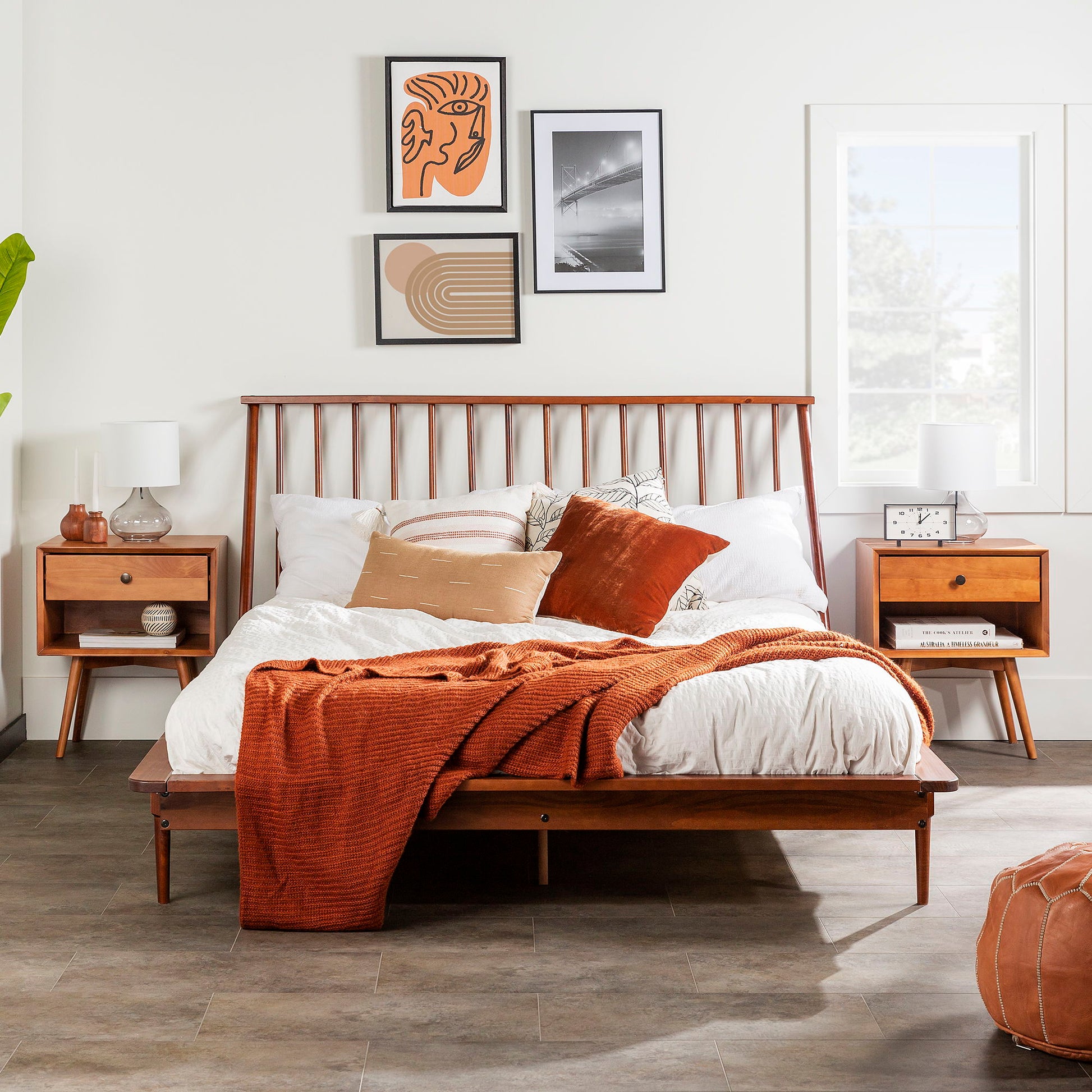 Mid-Century Modern Solid Wood Platform Bed Frame With Spindle Headboard - The Sleep Loft - Online Mattress Showroom NYC