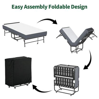 Twin Adjustable Headboard Folding Bed With Memory Foam Mattress, Heavy-Duty Frame Cot For Tall People, Portable Guest On Wheels - Black - The Sleep Loft - Online Mattress Showroom NYC