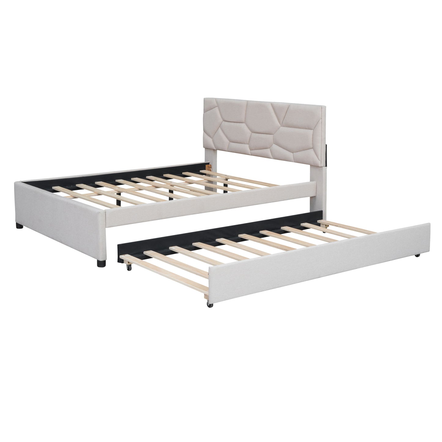 Upholstered Platform Bed With Brick Pattern Headboard And Twin Long Size Trundle - The Sleep Loft - Online Mattress Showroom NYC